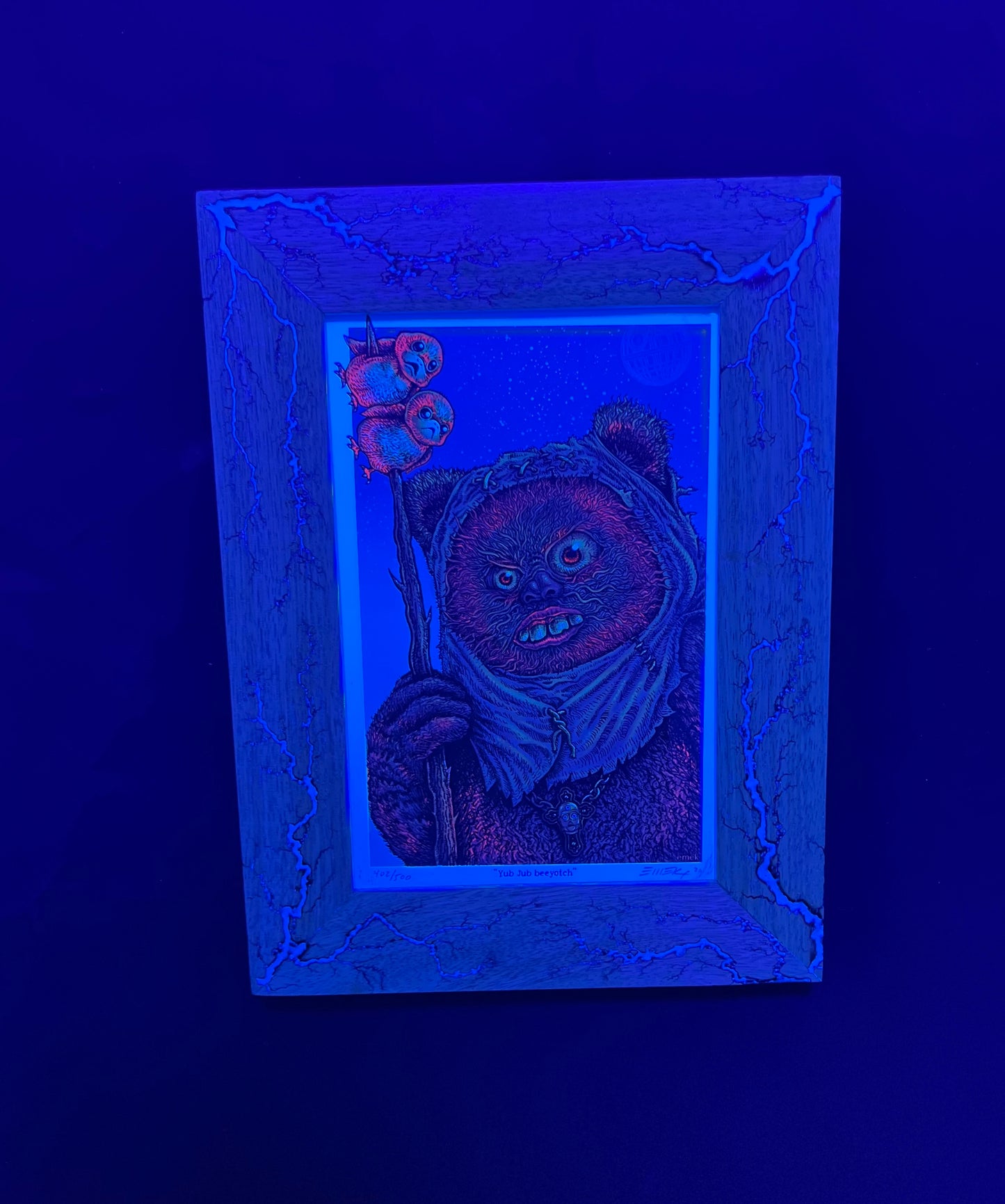 6x9 Framed “Stoned Wars” Ewok print by Emek, in a Blue, White Limba Frame