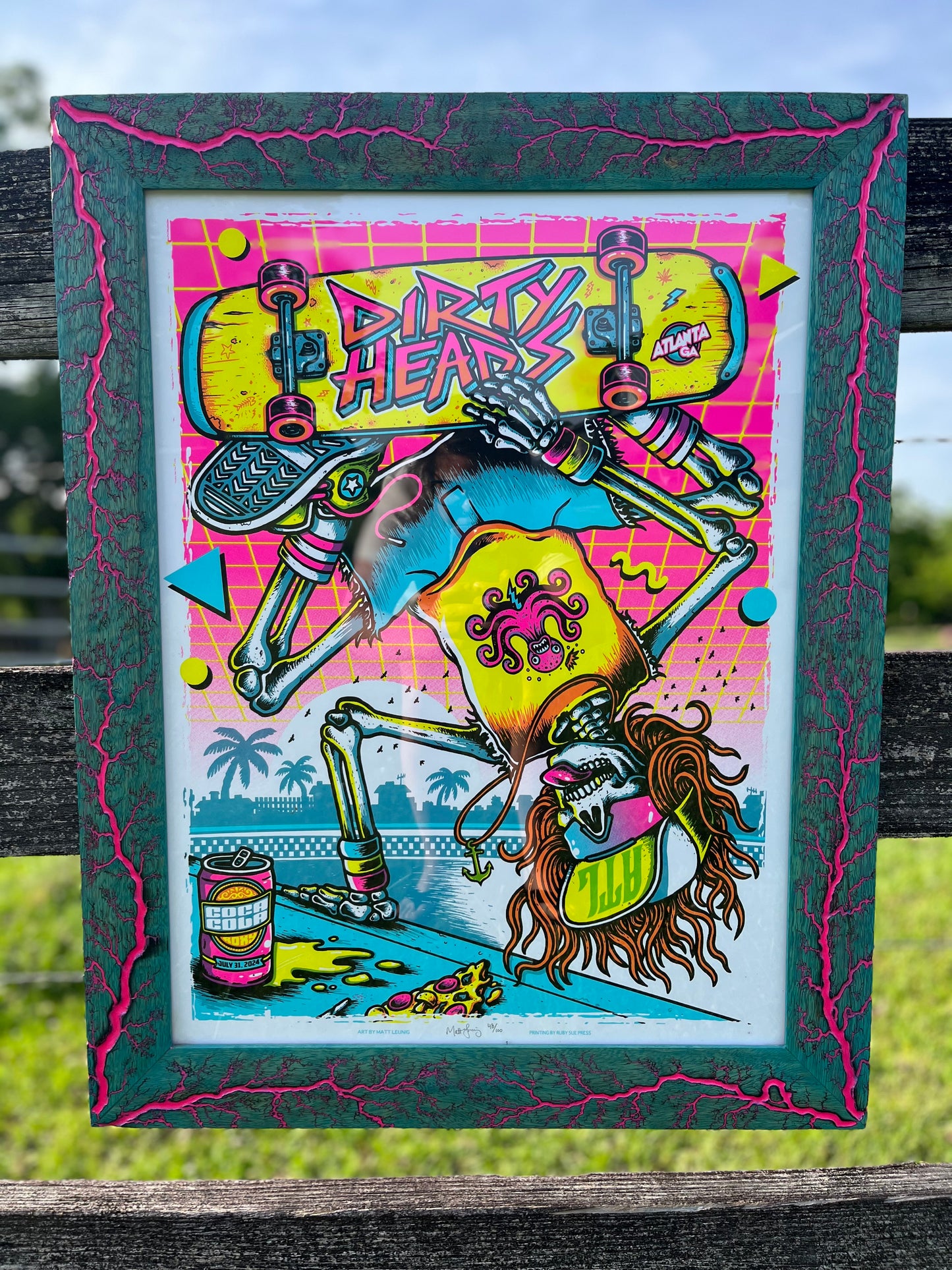 18x24 Blazin’ Frame-Up. Baby Blue stained White Limba w/Hot pink. Dirty heads print by Matt Leunig