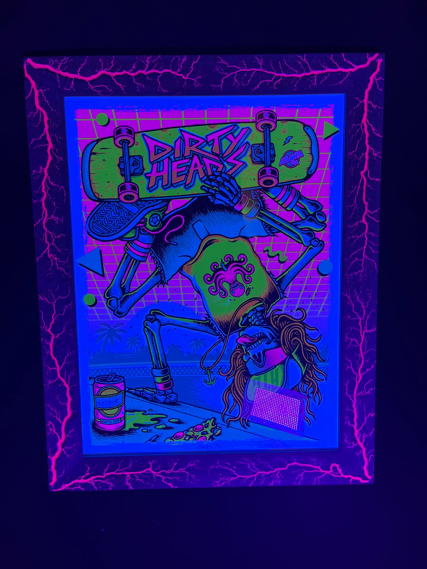 18x24 Blazin’ Frame-Up. Baby Blue stained White Limba w/Hot pink. Dirty heads print by Matt Leunig