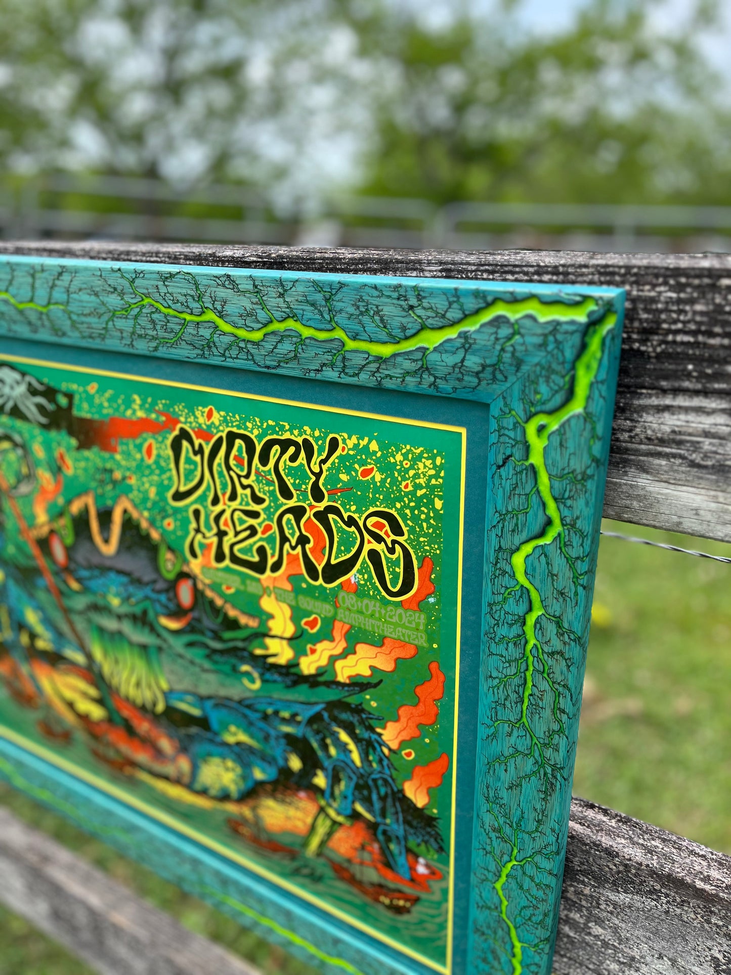 20x26 Blazin’ Frame-Up Teal stained White Limba w/yellow. Band signed Dirty Heads foil by Munk One
