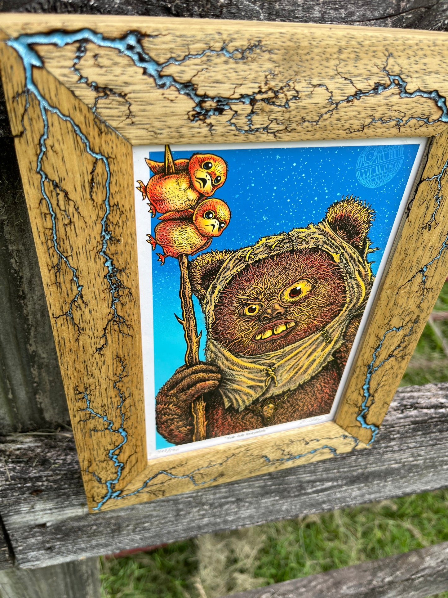 6x9 Framed “Stoned Wars” Ewok print by Emek, in a Blue, White Limba Frame