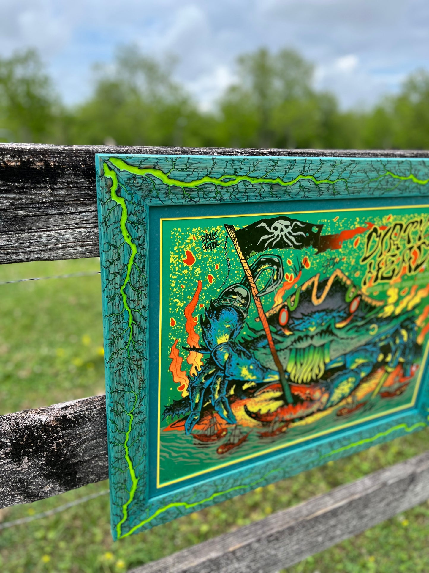 20x26 Blazin’ Frame-Up Teal stained White Limba w/yellow. Band signed Dirty Heads foil by Munk One