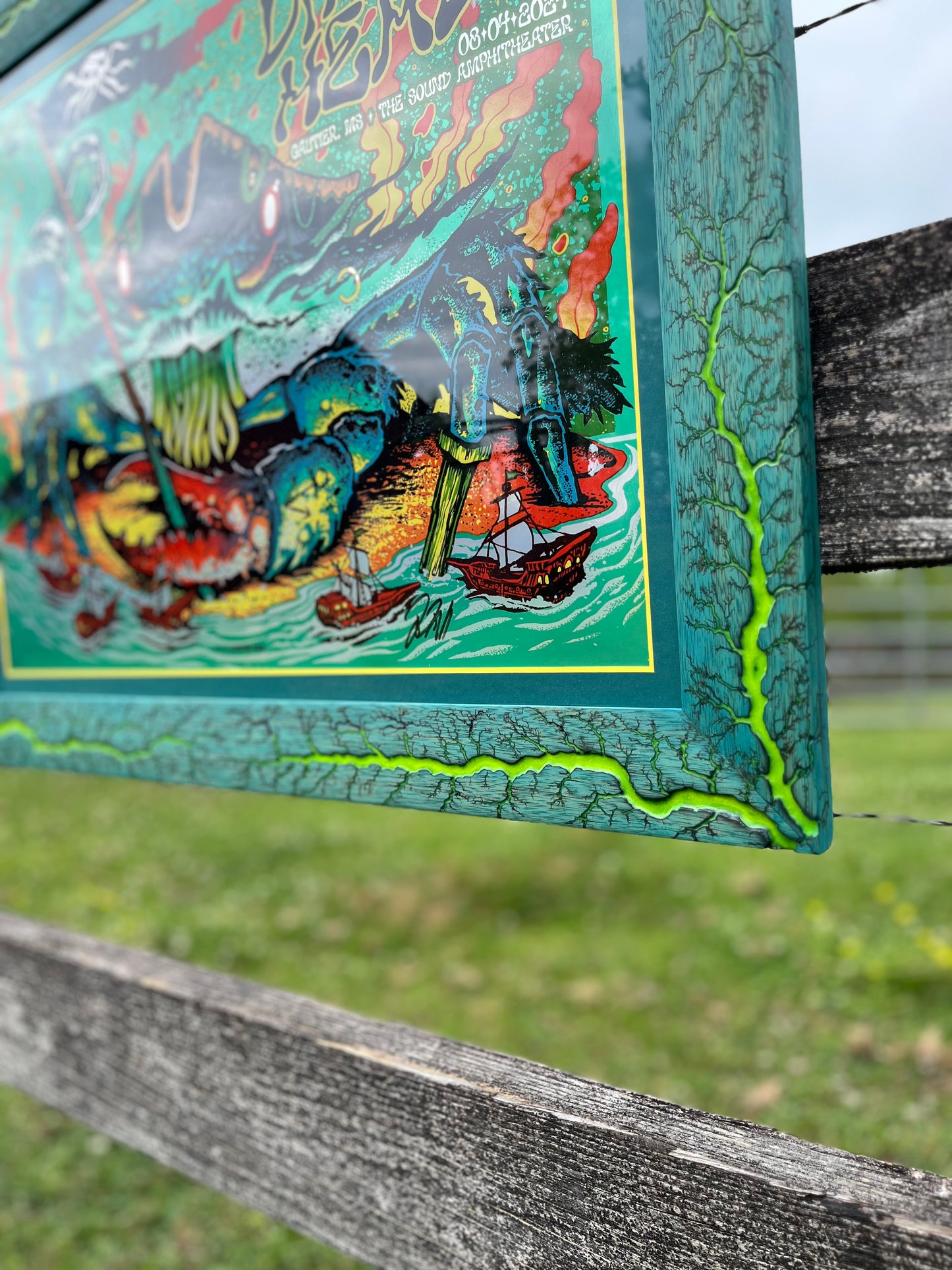 20x26 Blazin’ Frame-Up Teal stained White Limba w/yellow. Band signed Dirty Heads foil by Munk One