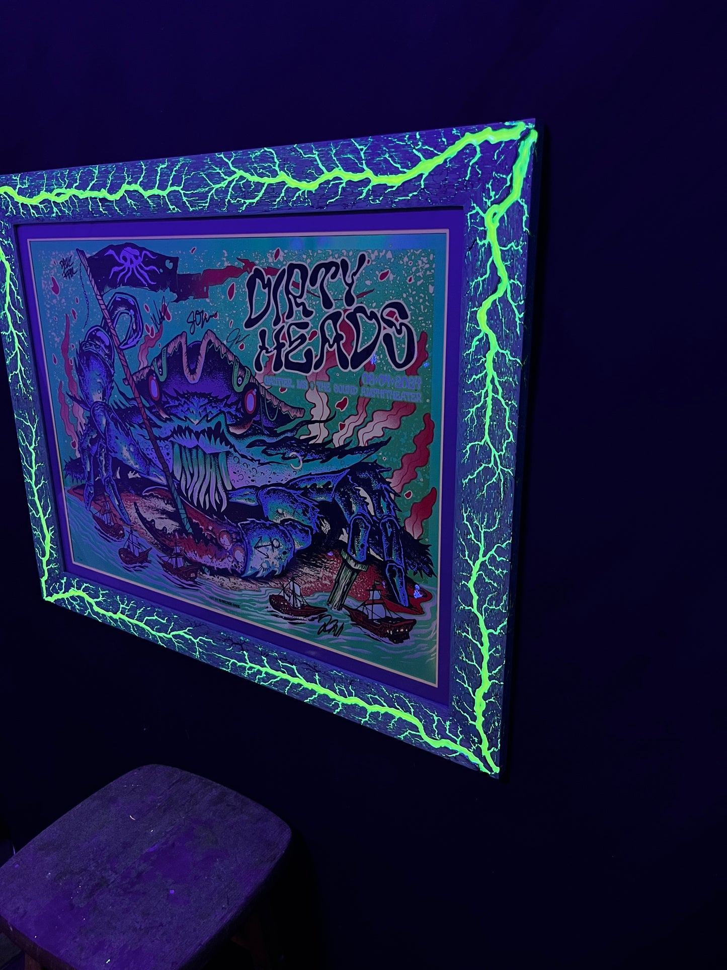 20x26 Blazin’ Frame-Up Teal stained White Limba w/yellow. Band signed Dirty Heads foil by Munk One