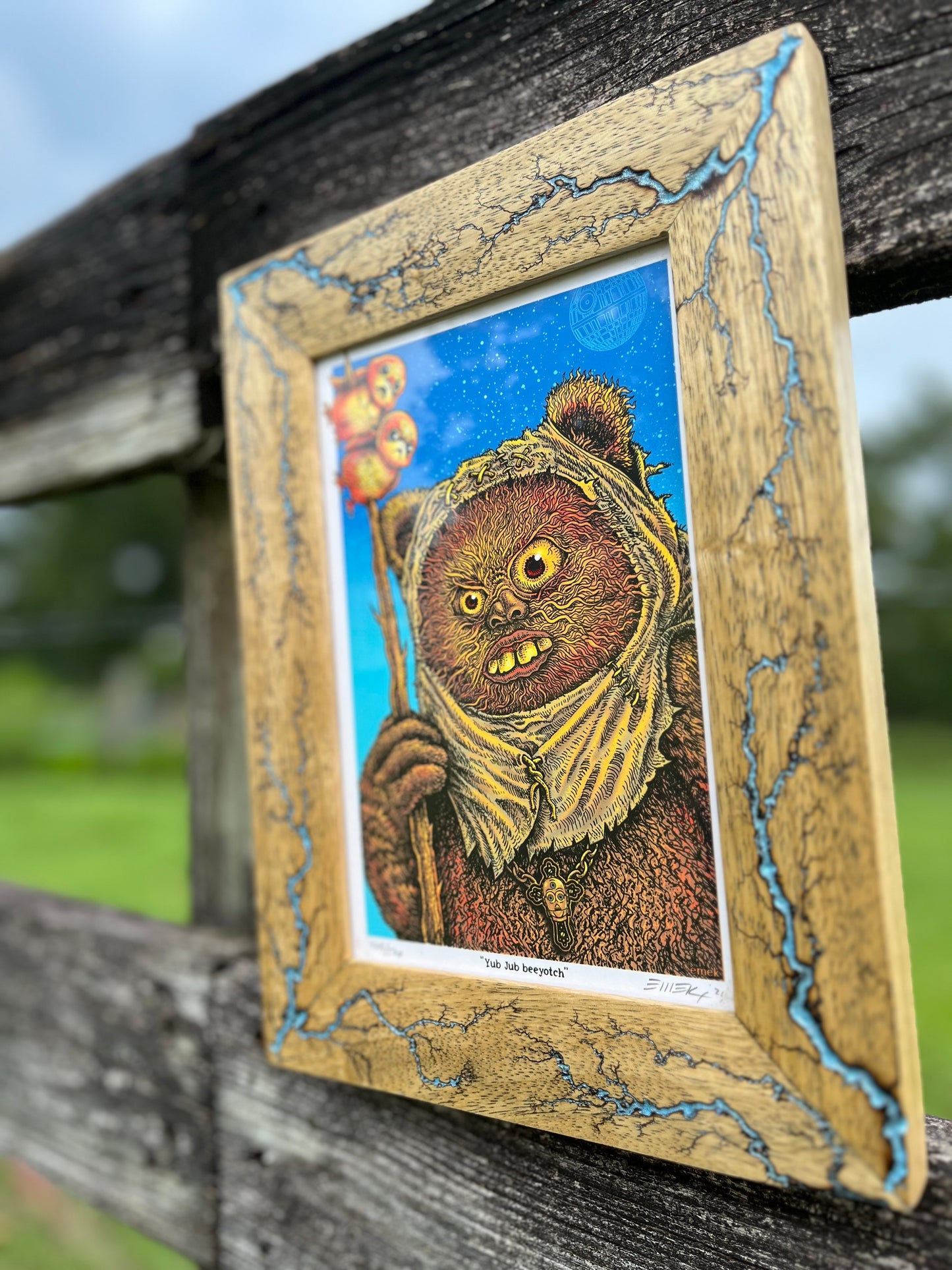 6x9 Framed “Stoned Wars” Ewok print by Emek, in a Blue, White Limba Frame