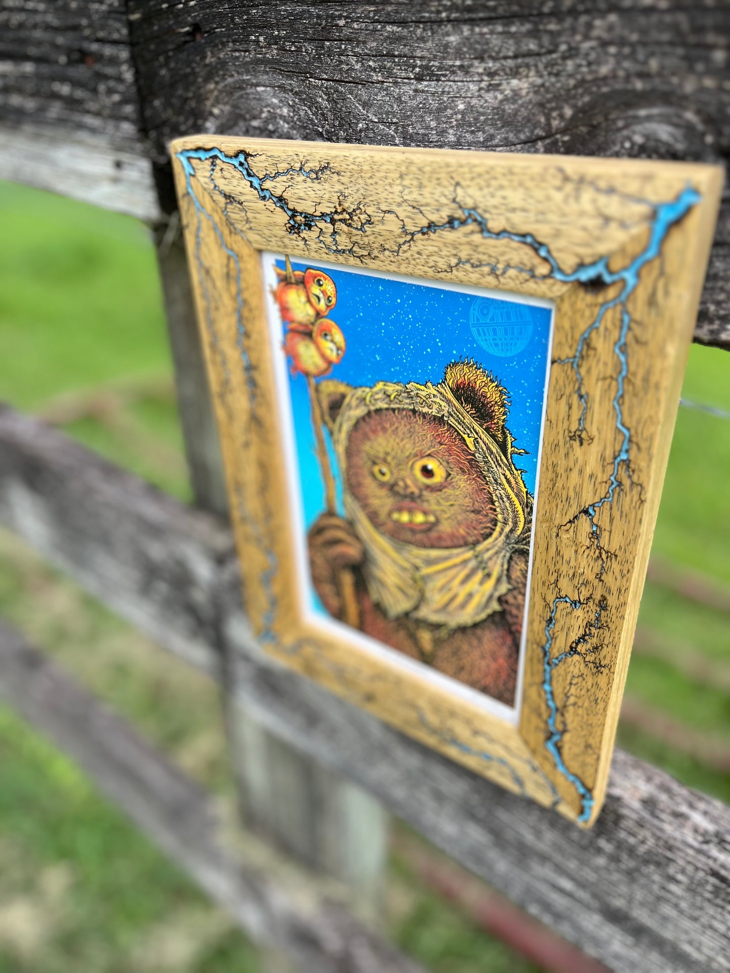 6x9 Framed “Stoned Wars” Ewok print by Emek, in a Blue, White Limba Frame