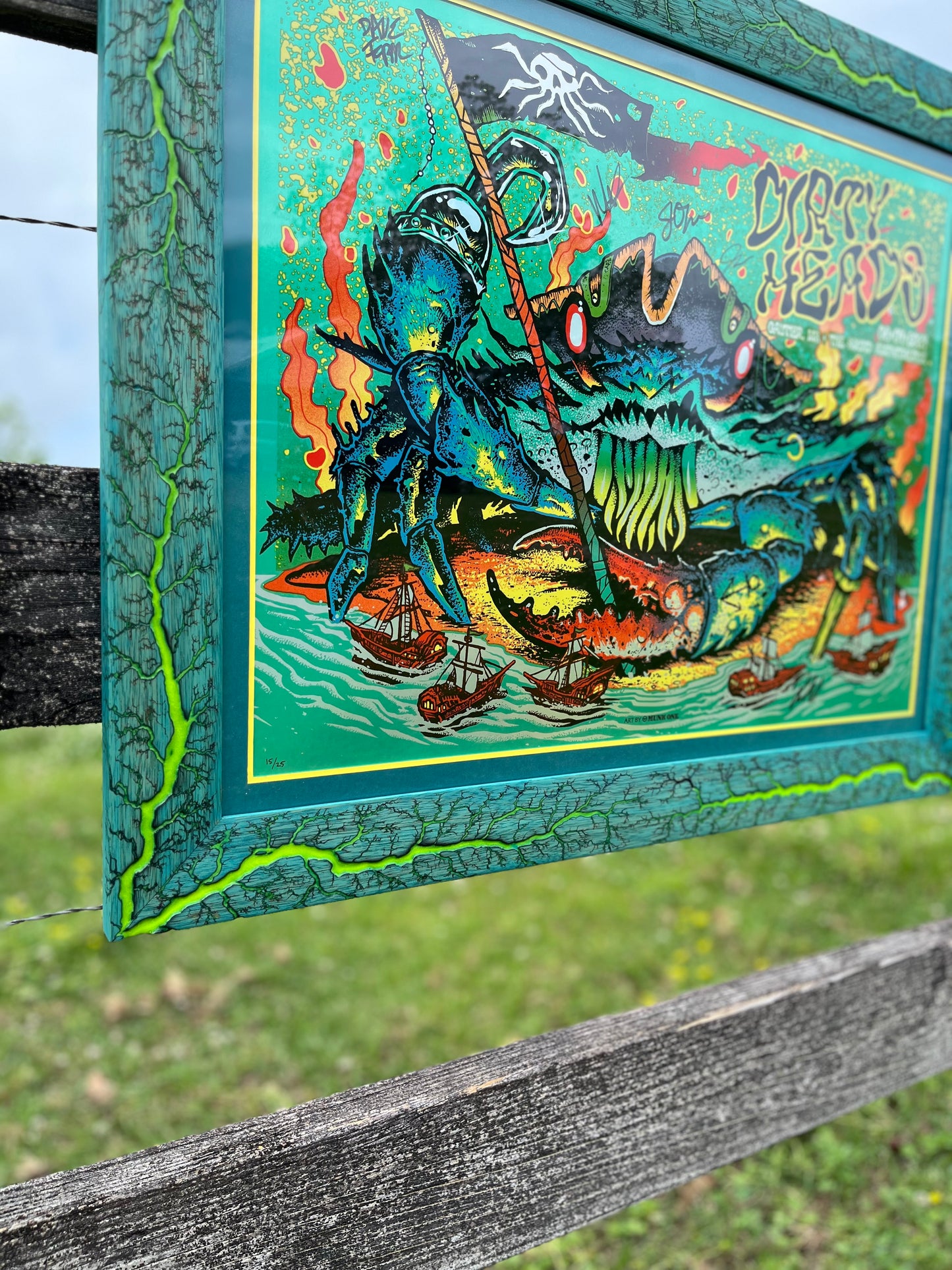 20x26 Blazin’ Frame-Up Teal stained White Limba w/yellow. Band signed Dirty Heads foil by Munk One