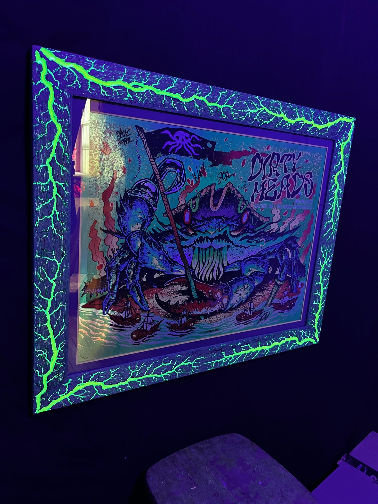 20x26 Blazin’ Frame-Up Teal stained White Limba w/yellow. Band signed Dirty Heads foil by Munk One
