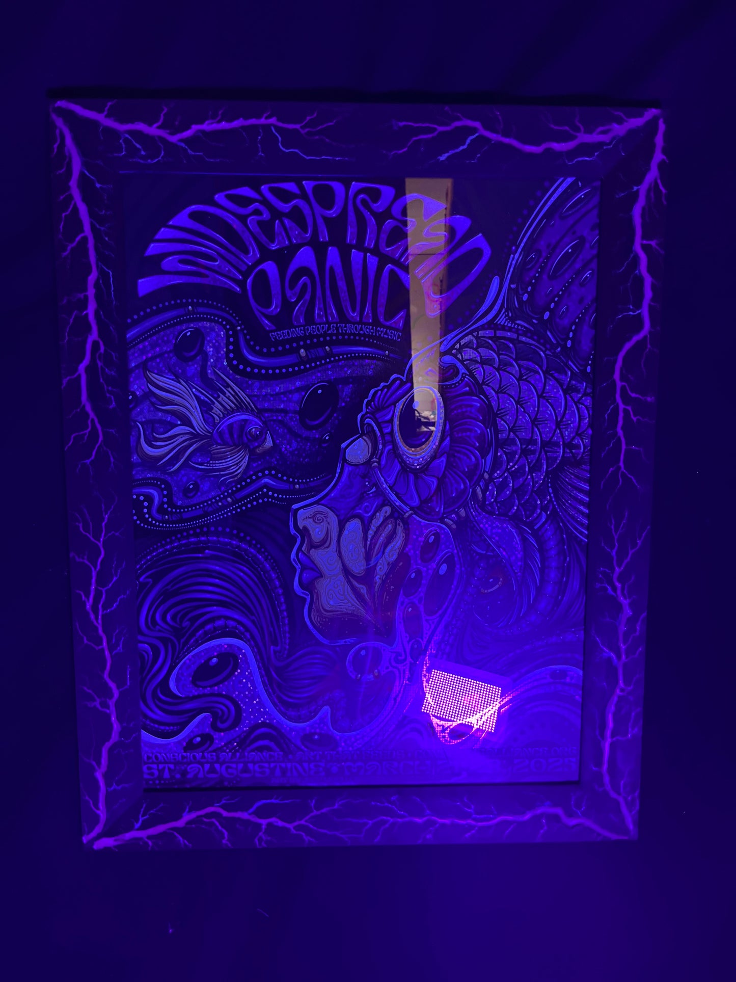 18x24 Blazin’ Frame-Up  Nogal(black) purple/blue color fill and glow.          Jeff Wood Widespread Panic Print