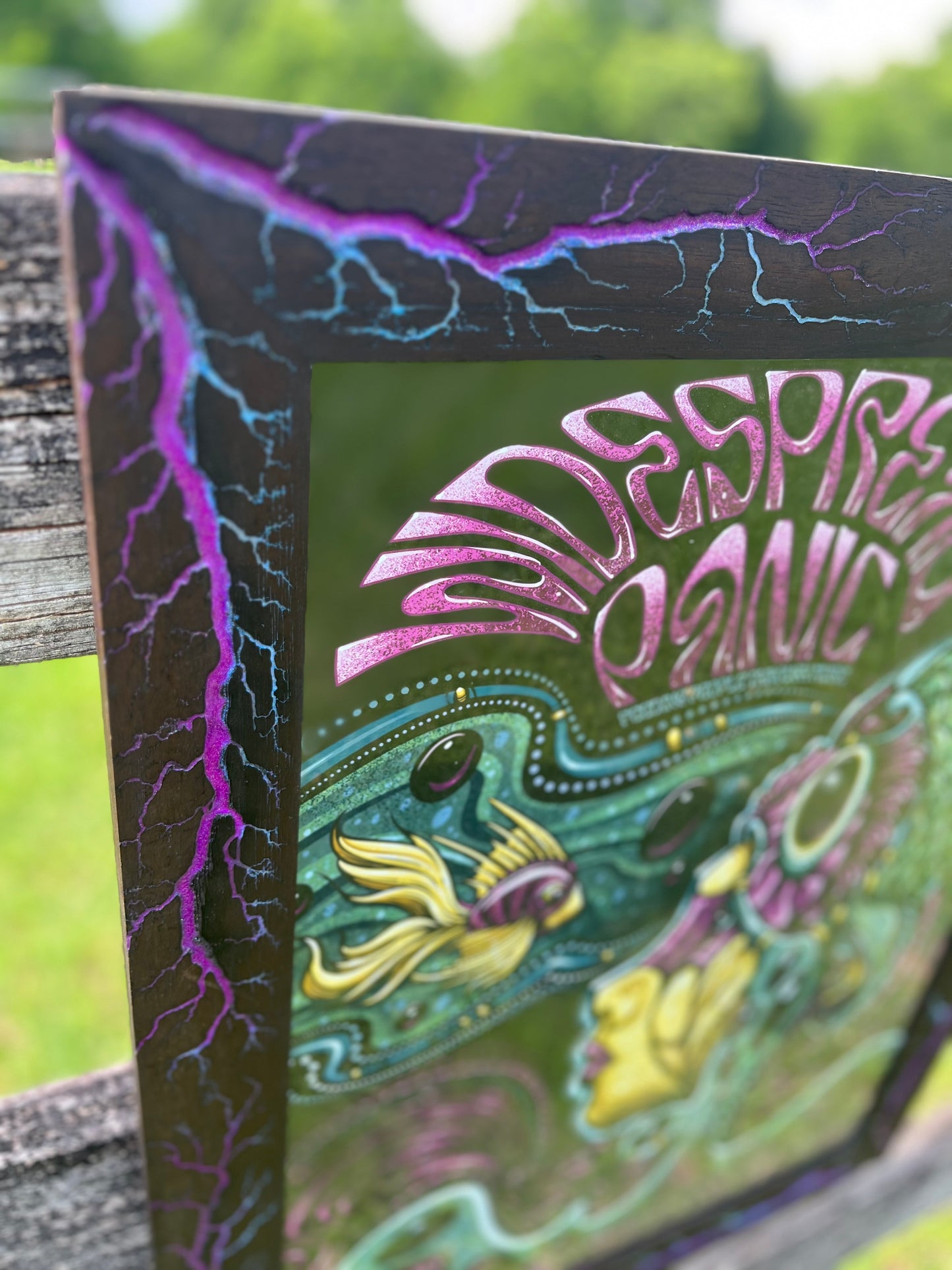 18x24 Blazin’ Frame-Up  Nogal(black) purple/blue color fill and glow.          Jeff Wood Widespread Panic Print