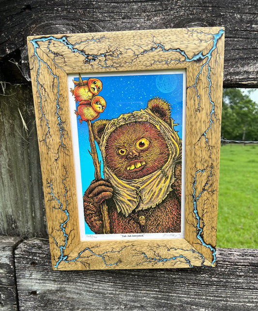 6x9 Framed “Stoned Wars” Ewok print by Emek, in a Blue, White Limba Frame