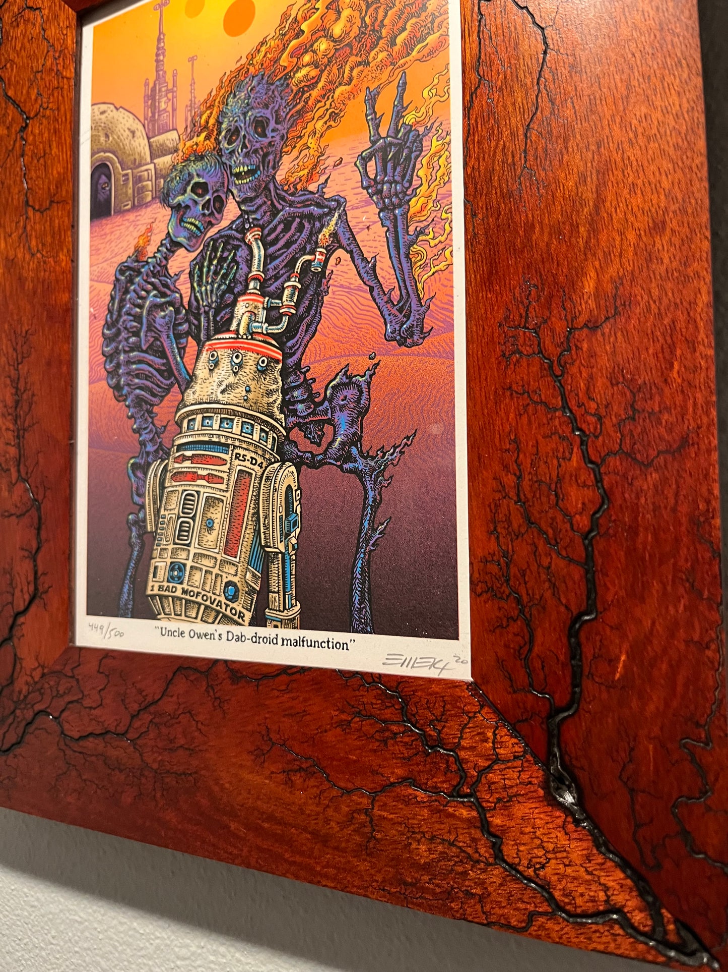 Raw Bloodwood 6x9 with Emek “Stoned Wars” print included. Matching number cantina band also available