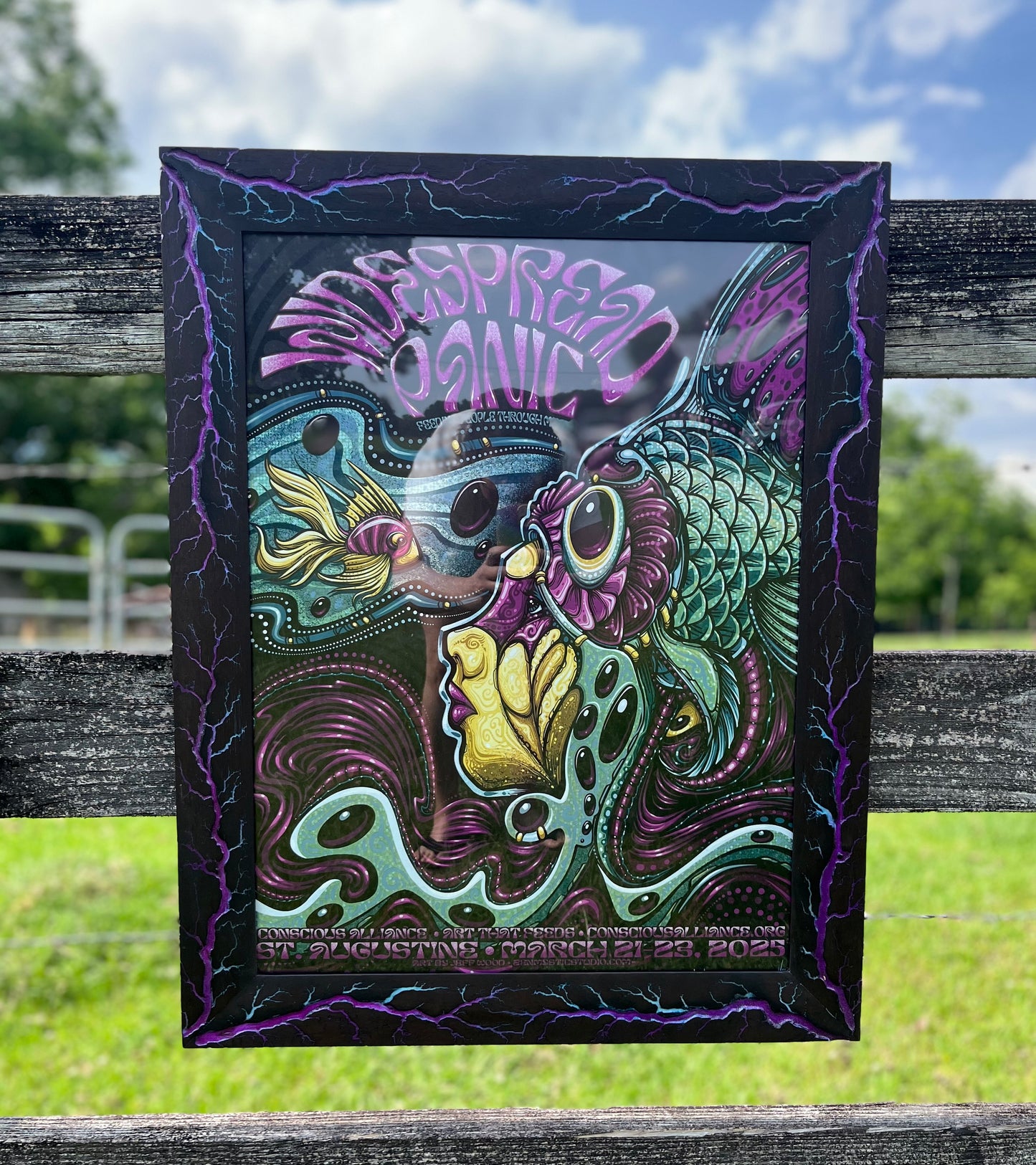 18x24 Blazin’ Frame-Up  Nogal(black) purple/blue color fill and glow.          Jeff Wood Widespread Panic Print