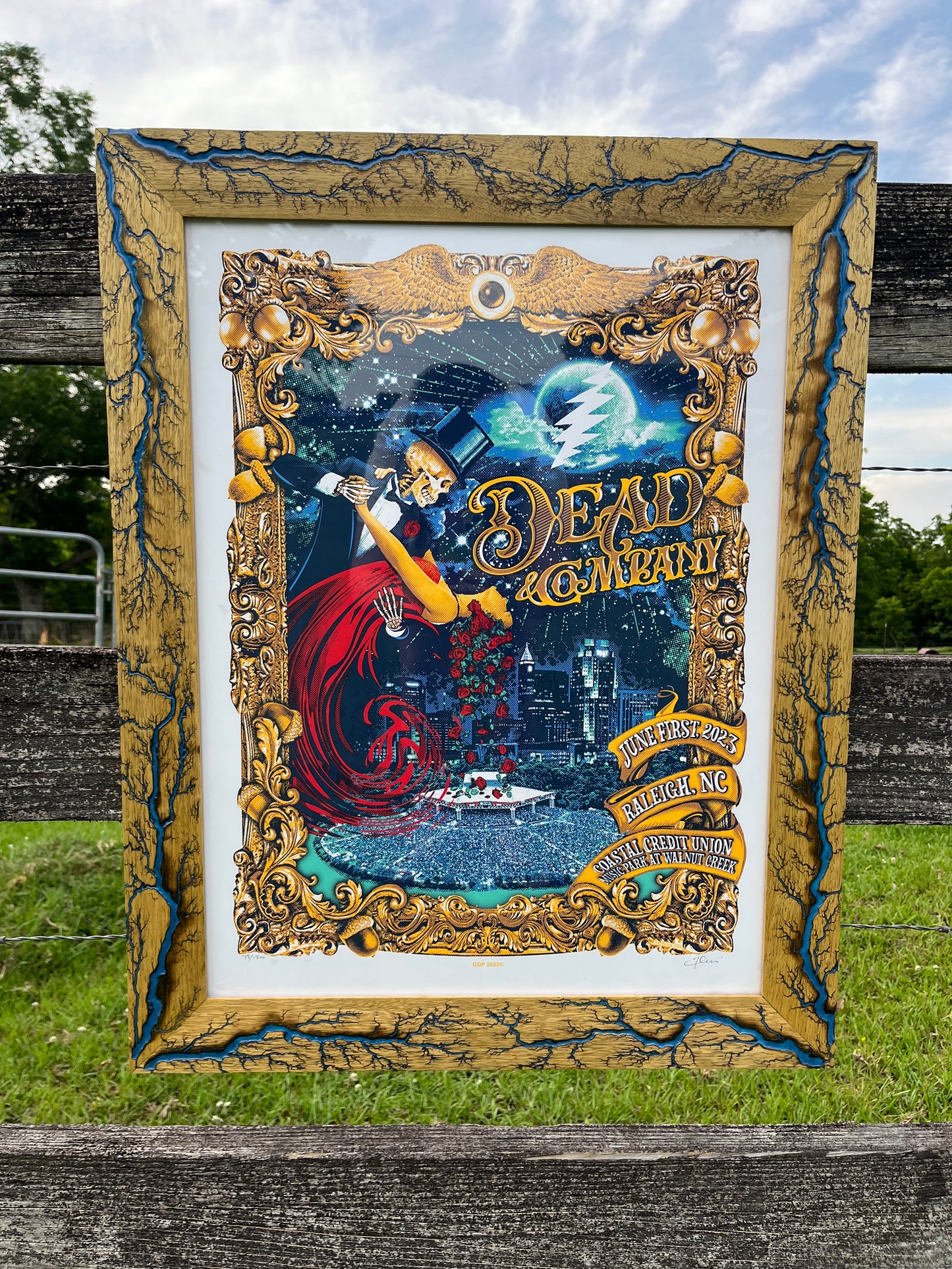 18x24 Blazin’ Dead Frame-Up.  Gold dusted White Limba w/Blue.    Dead and Company print by JT Lucchesi