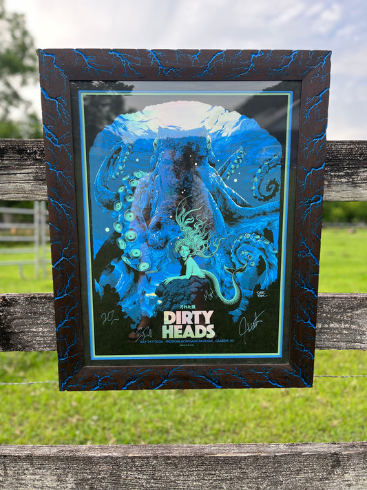 20x26 Blazin’ Frame-Up. Black stained Nogal hemorrhage burn w/blue.  Band Signed Dirty Heads foil by Ken Taylor