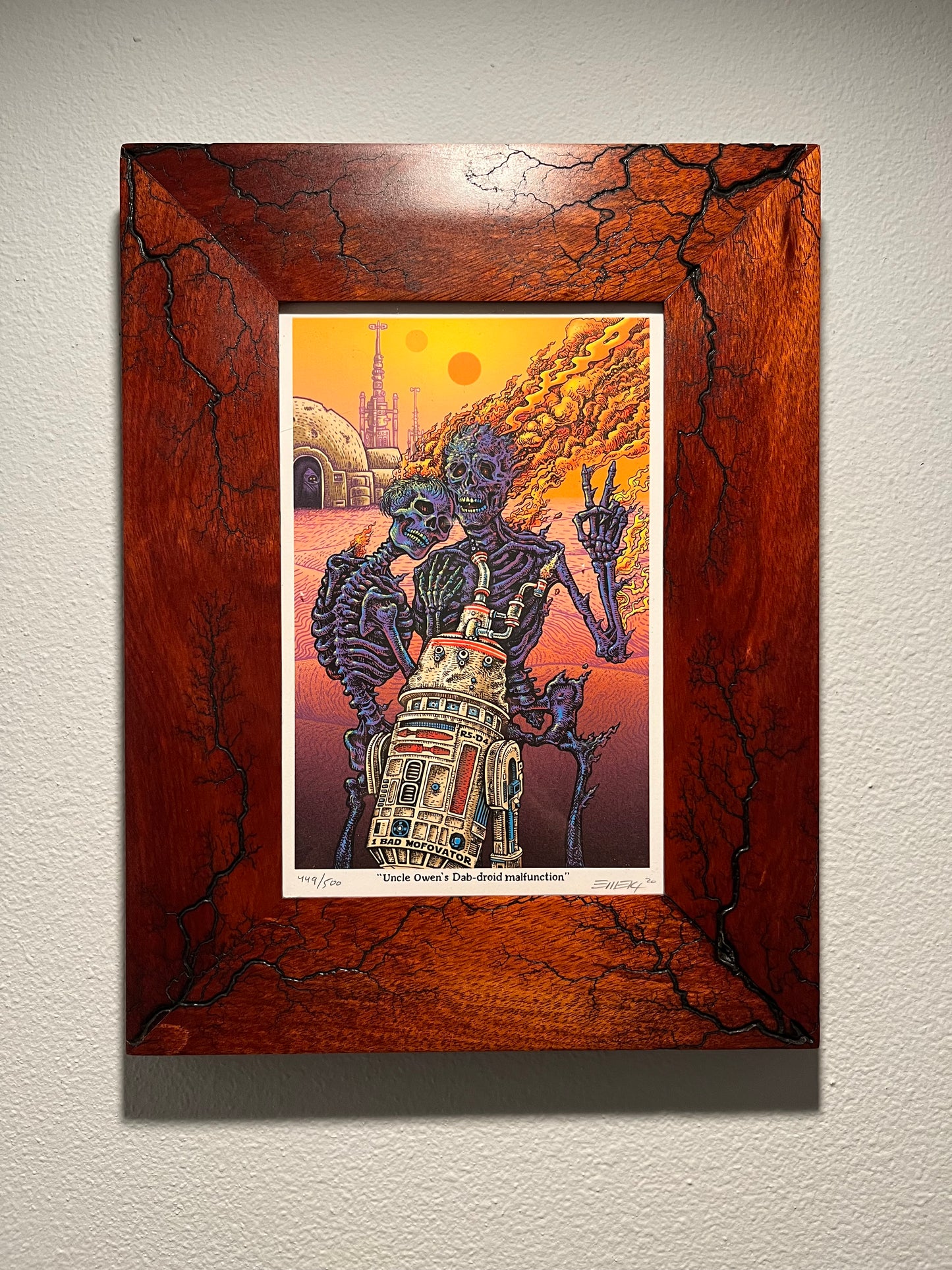 Raw Bloodwood 6x9 with Emek “Stoned Wars” print included. Matching number cantina band also available