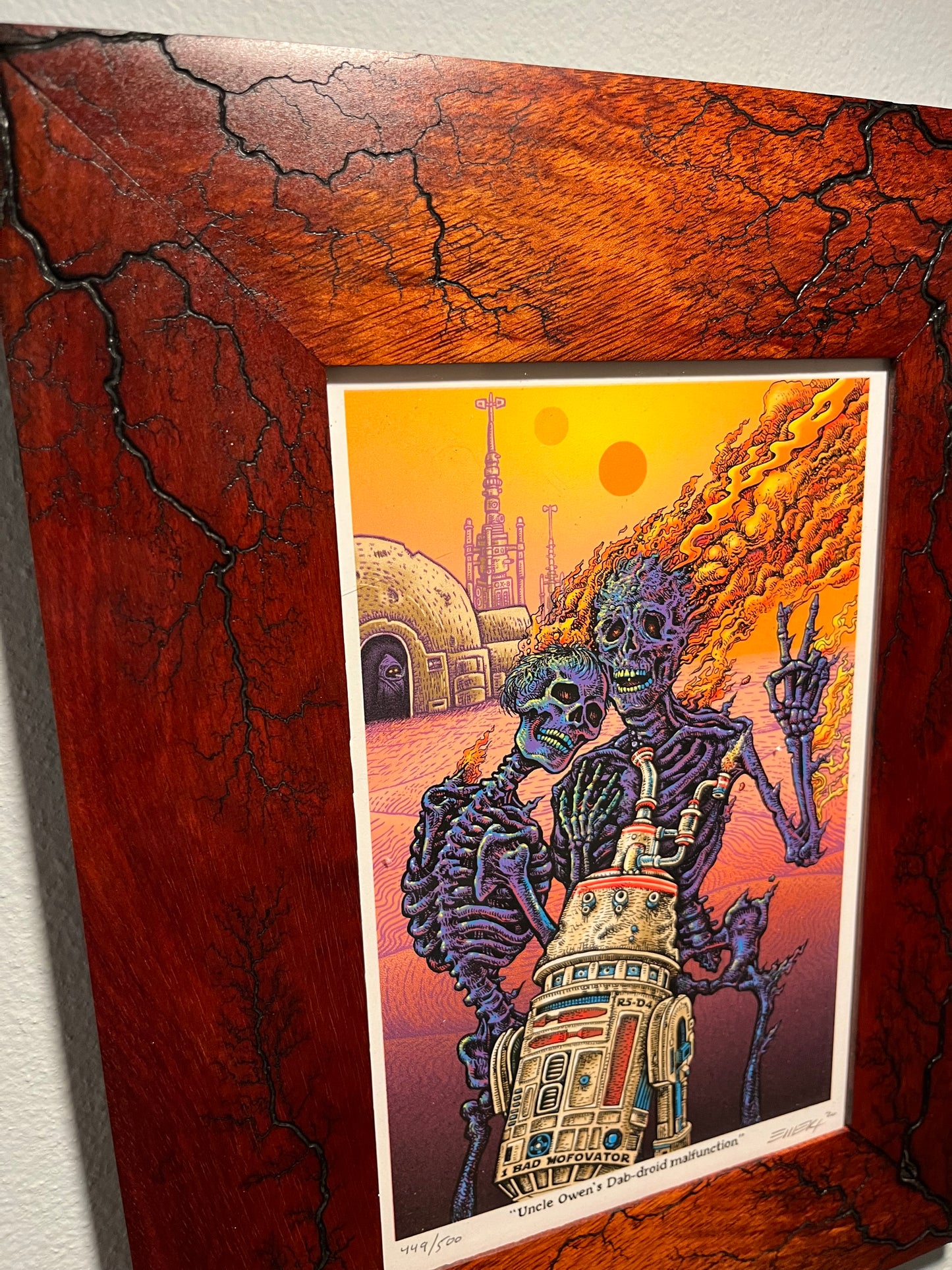 Raw Bloodwood 6x9 with Emek “Stoned Wars” print included. Matching number cantina band also available