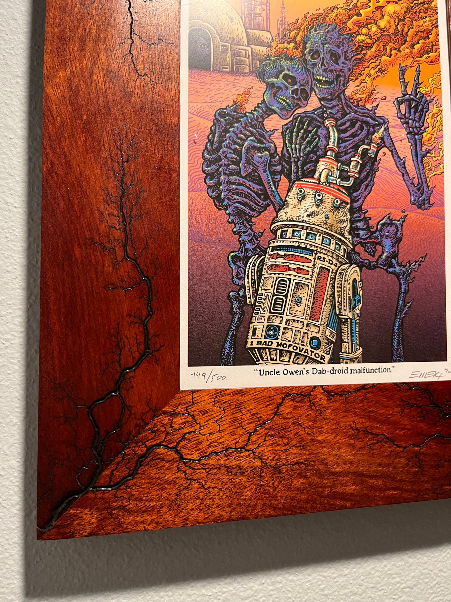 Raw Bloodwood 6x9 with Emek “Stoned Wars” print included. Matching number cantina band also available