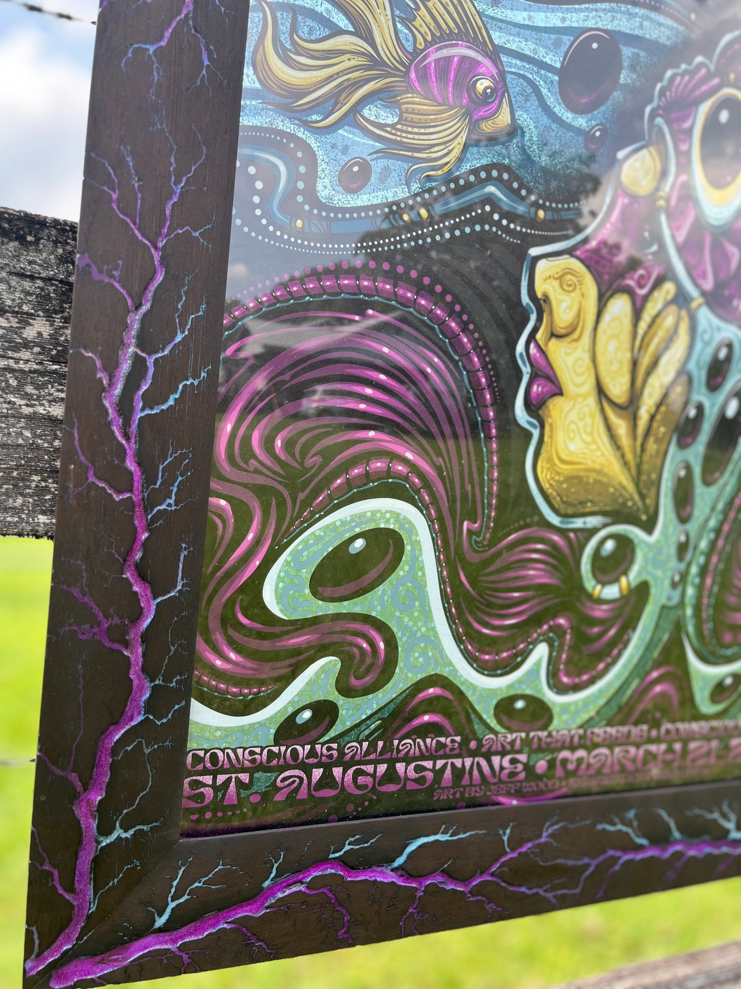 18x24 Blazin’ Frame-Up  Nogal(black) purple/blue color fill and glow.          Jeff Wood Widespread Panic Print