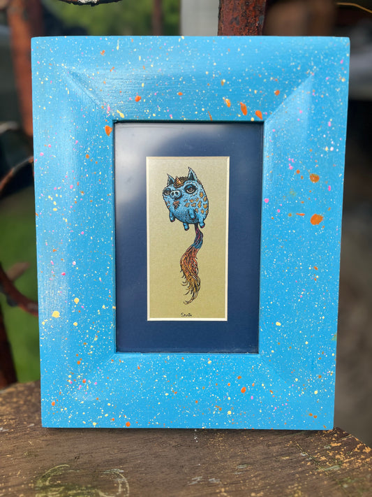 2x4 Blazin’ Frame- Up       Blue hand painted white Limba splatter 🫟 Flying pig by Marq Spusta