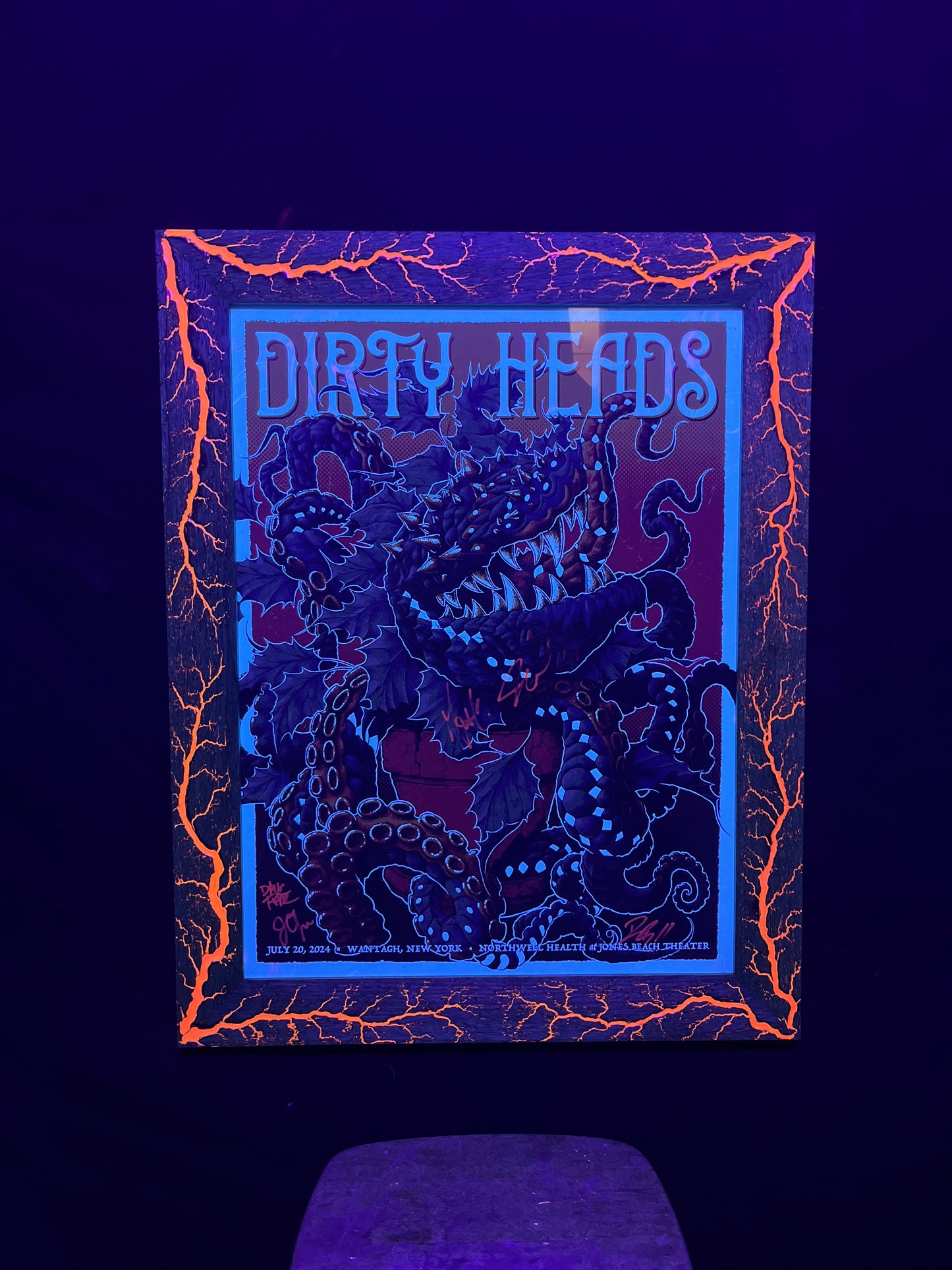 18x24 Blazin’ Kwok.   Green stained White Limba w/Orange.          Band signed Dirty Heads foil by Ben Kwok