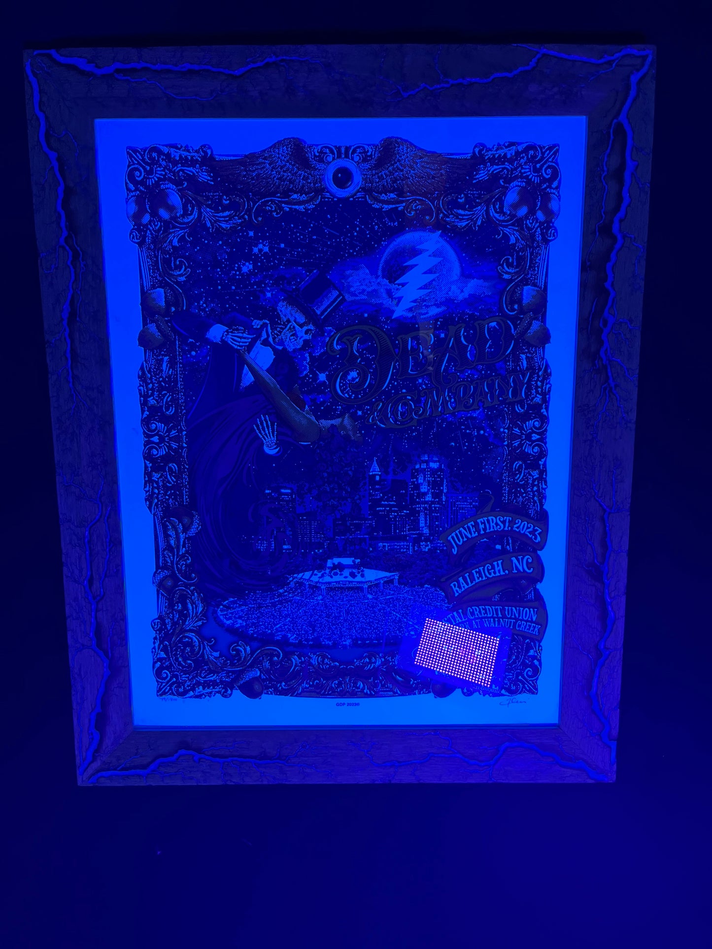 18x24 Blazin’ Dead Frame-Up.  Gold dusted White Limba w/Blue.    Dead and Company print by JT Lucchesi